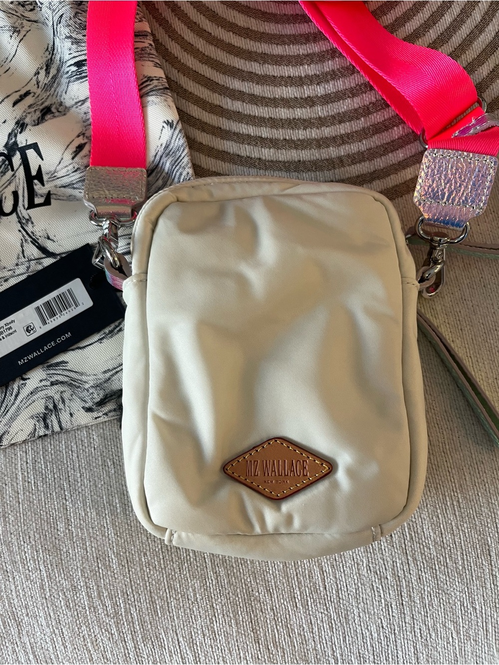 MZ Wallace Mini Bowery Crossbody bag. Pearl w/silver, hot pink strap - Picture 3 of 6